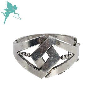 Vintage Taxco LC Obsidian Modernist Openwork Hinged Sterling Silver Bracelet